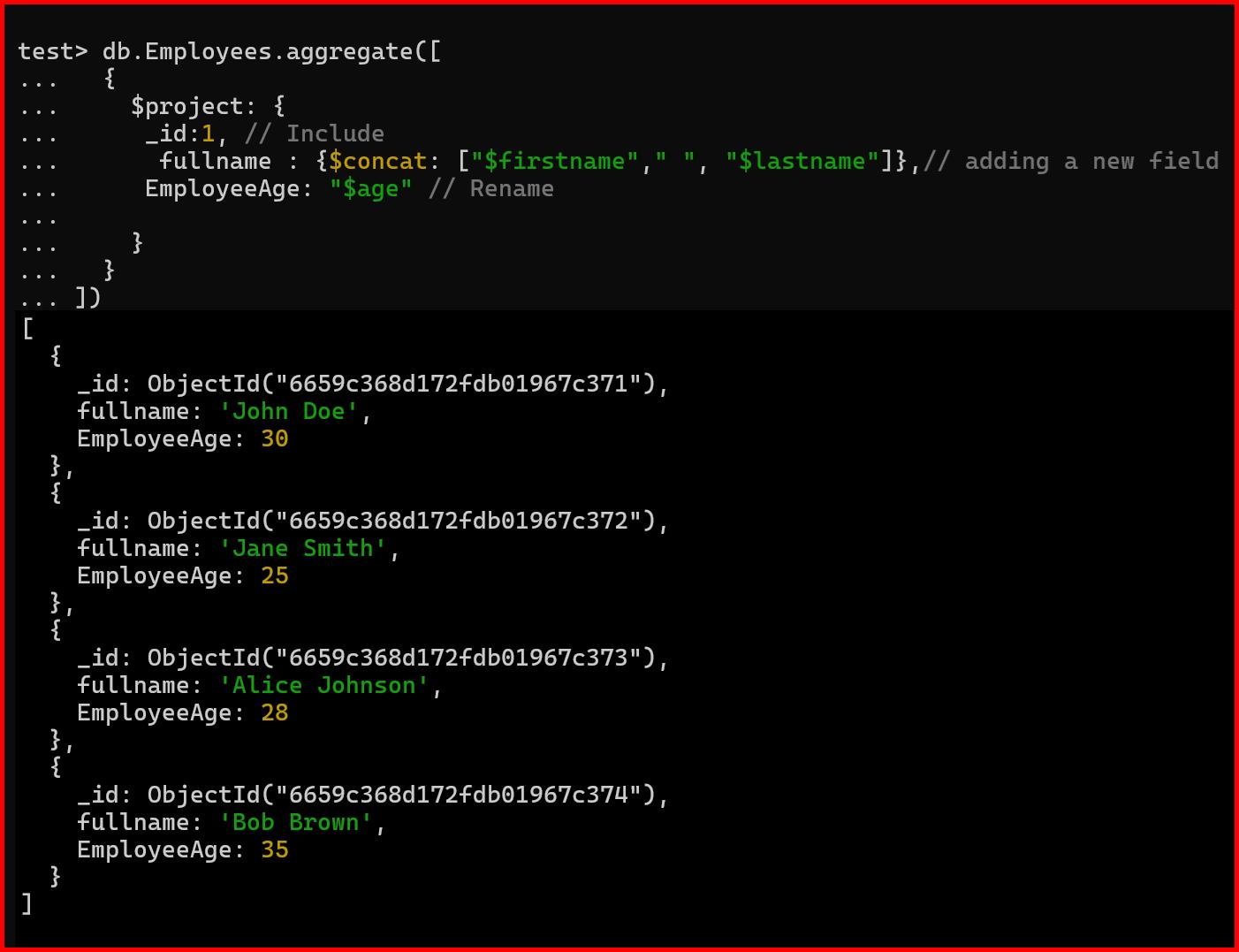 Picture showing the output of $project aggregation function in mongodb